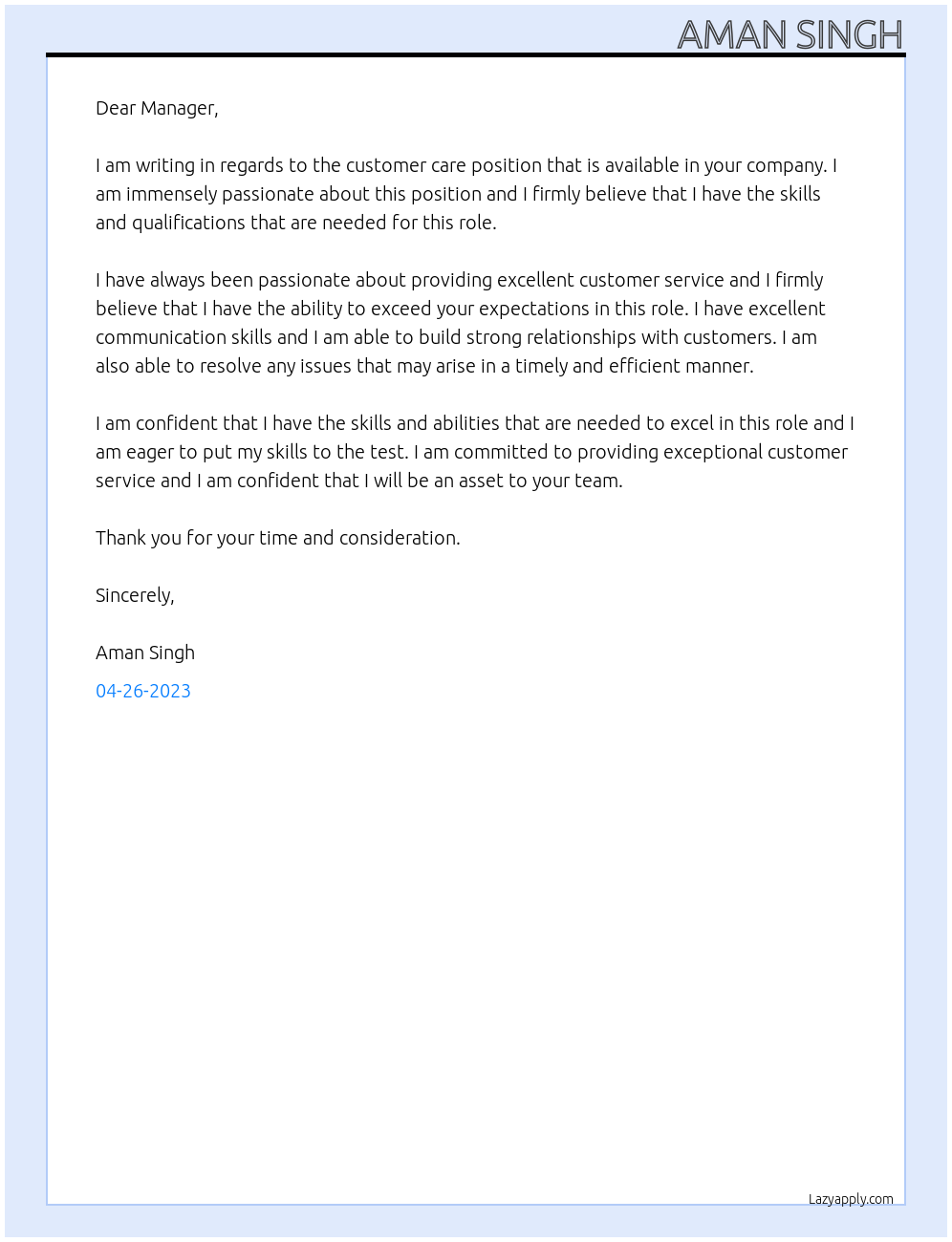 customer care  At retail industry Cover Letter