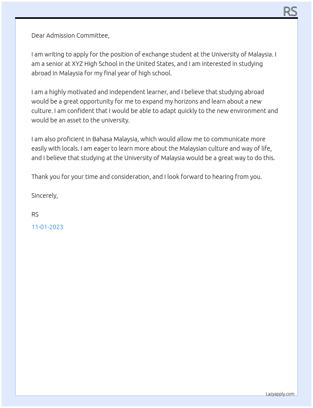 Exchange student At University of Malaysia  Cover Letter