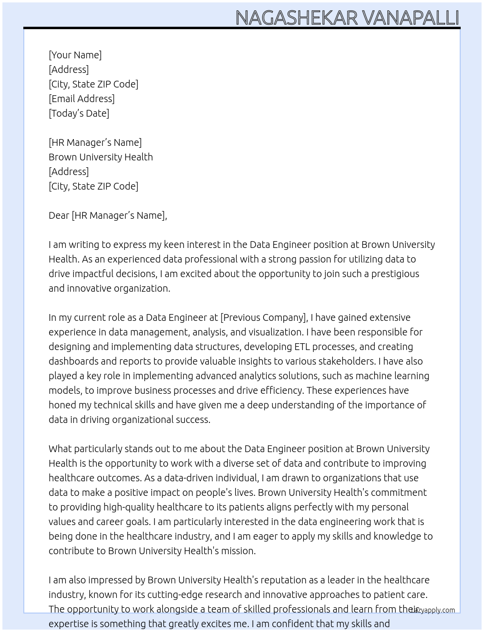 data engineer At Brown university health Cover Letter