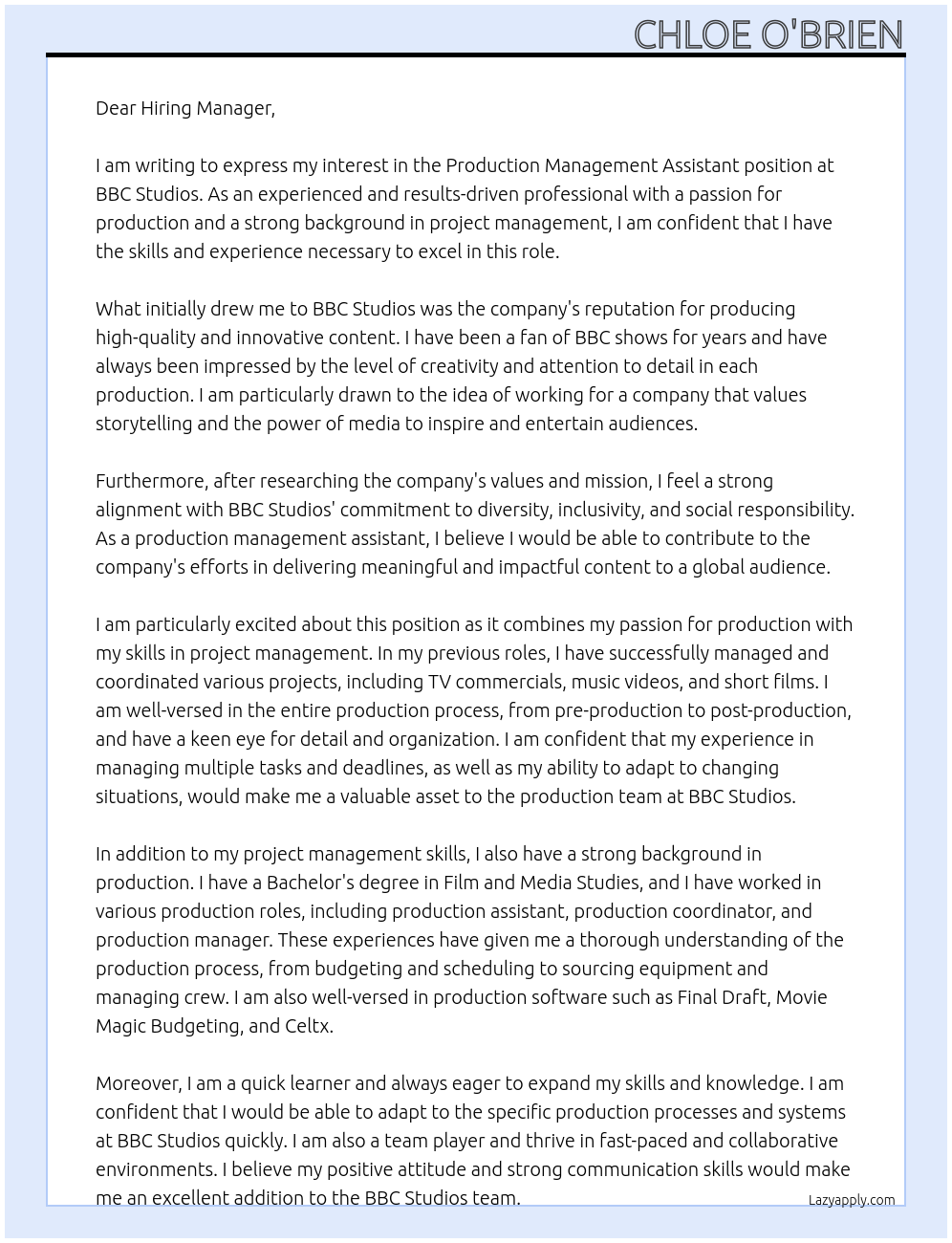 Production Management Assistant At BBC Studios Cover Letter