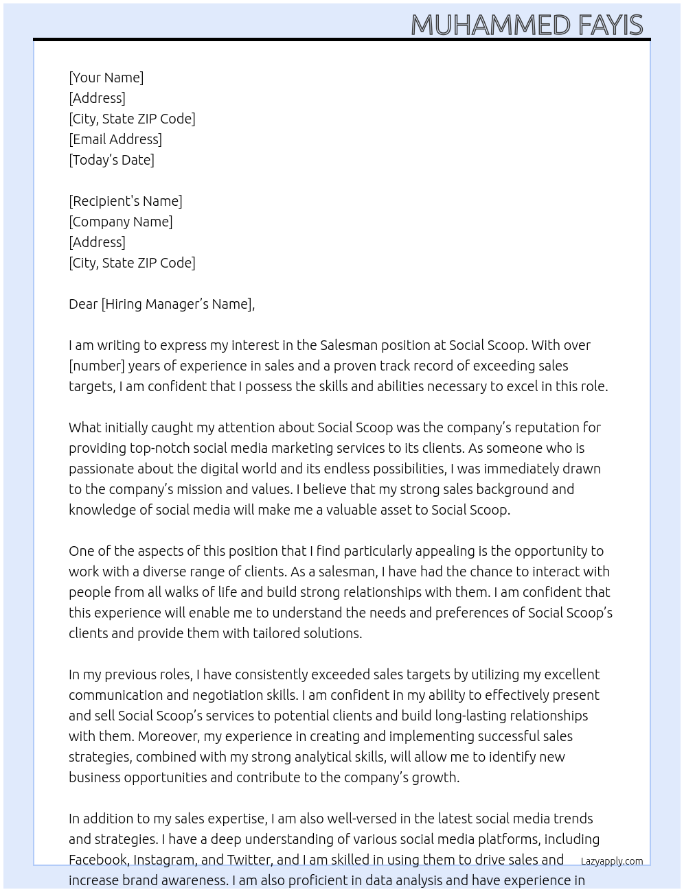 Salesman At Social Scoop Cover Letter