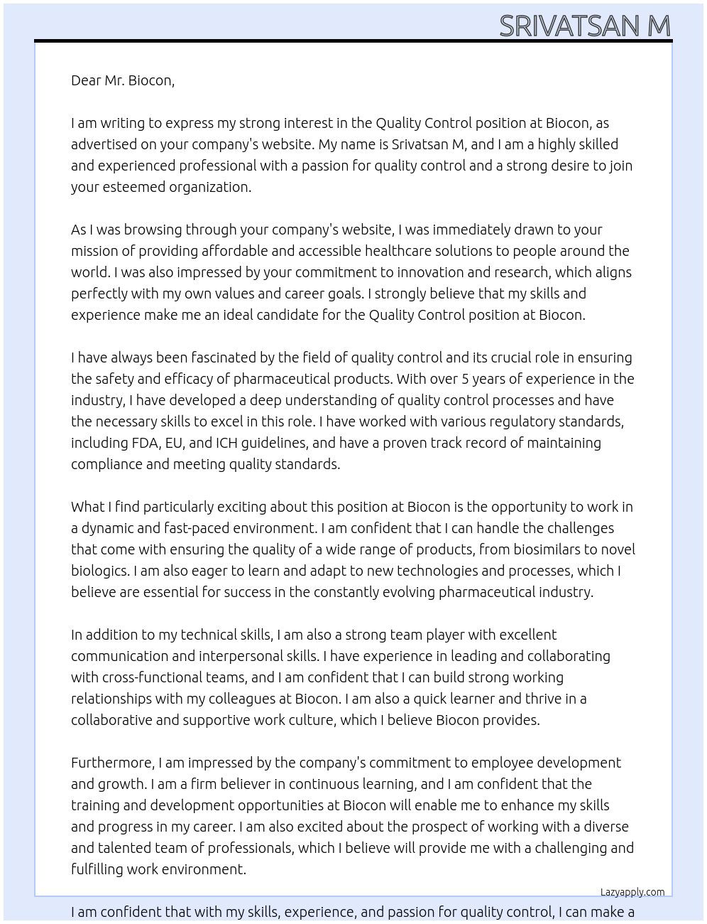 QUALITY CONTROL At BIOCON Cover Letter