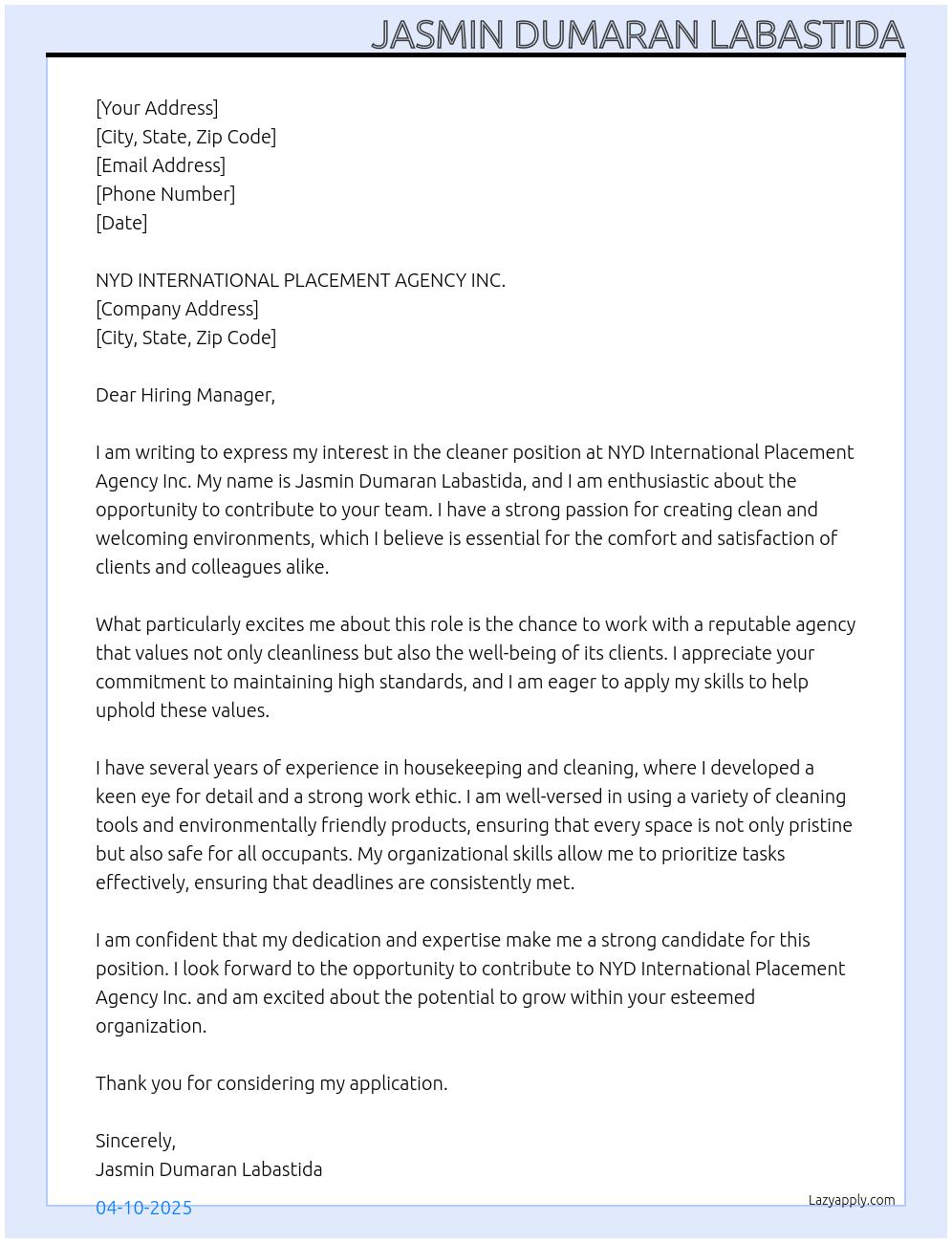 cleaner At cleaner Cover Letter