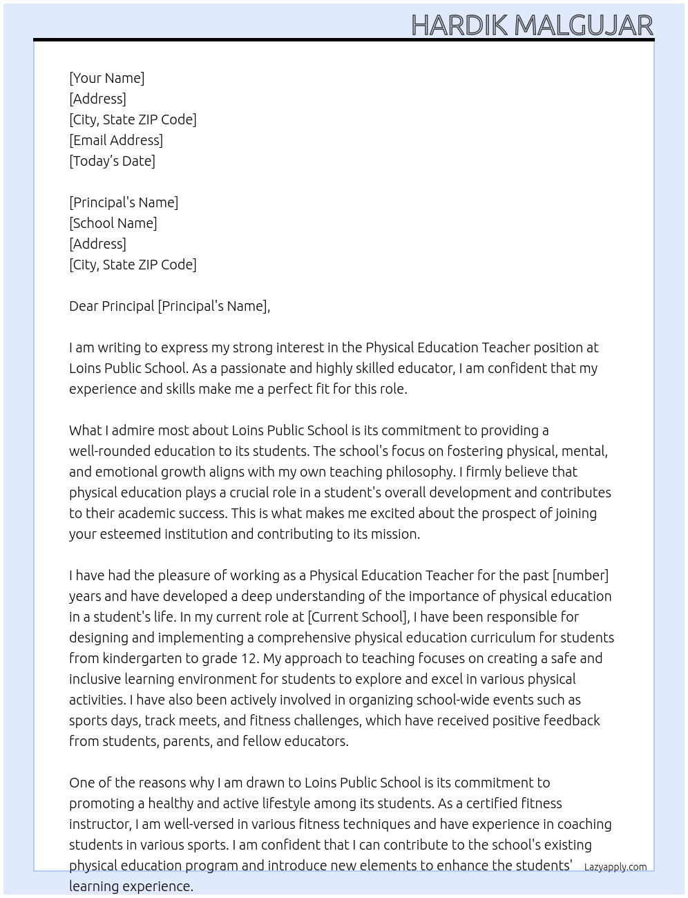 physical Education teacher At Loins public school Cover Letter