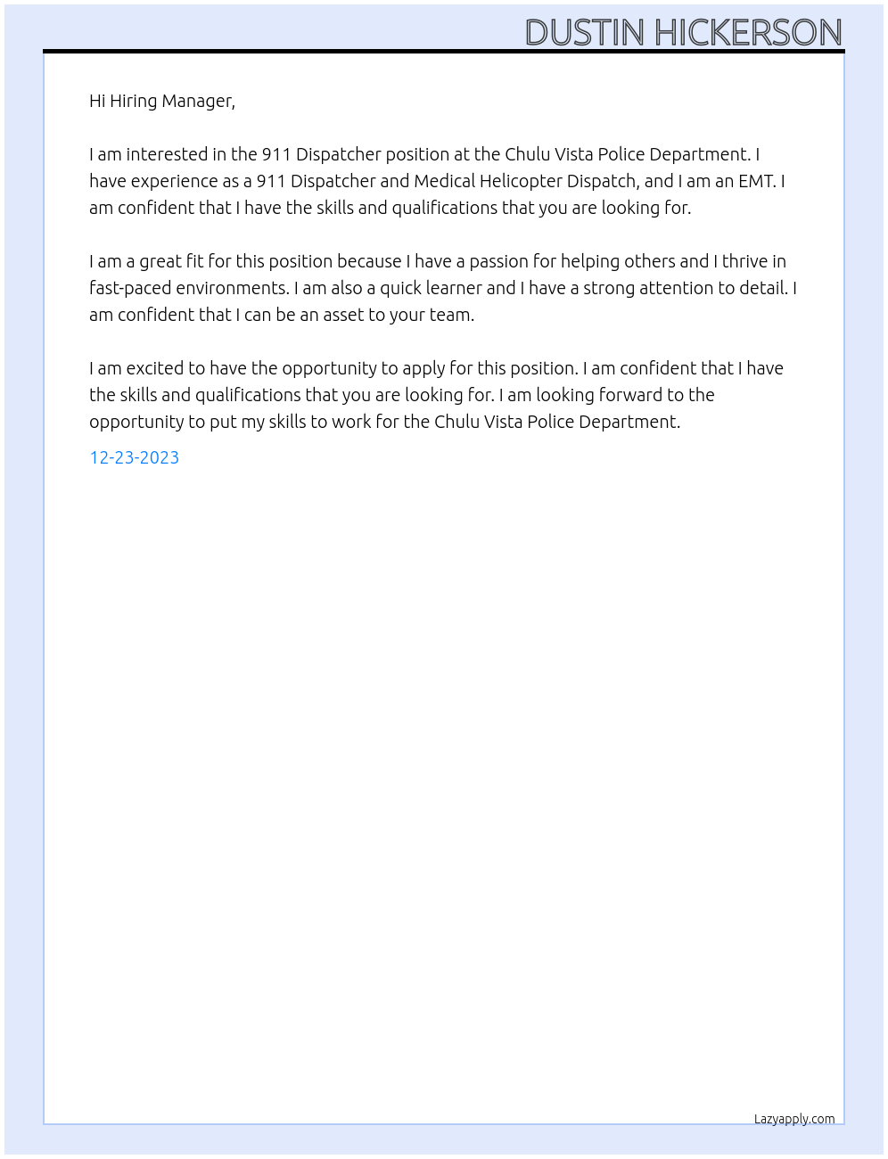 911 Dispatcher At Chulu Vista Police Department Cover Letter