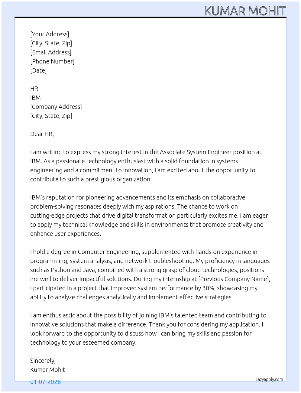 Associate System Engineer At IBM Cover Letter