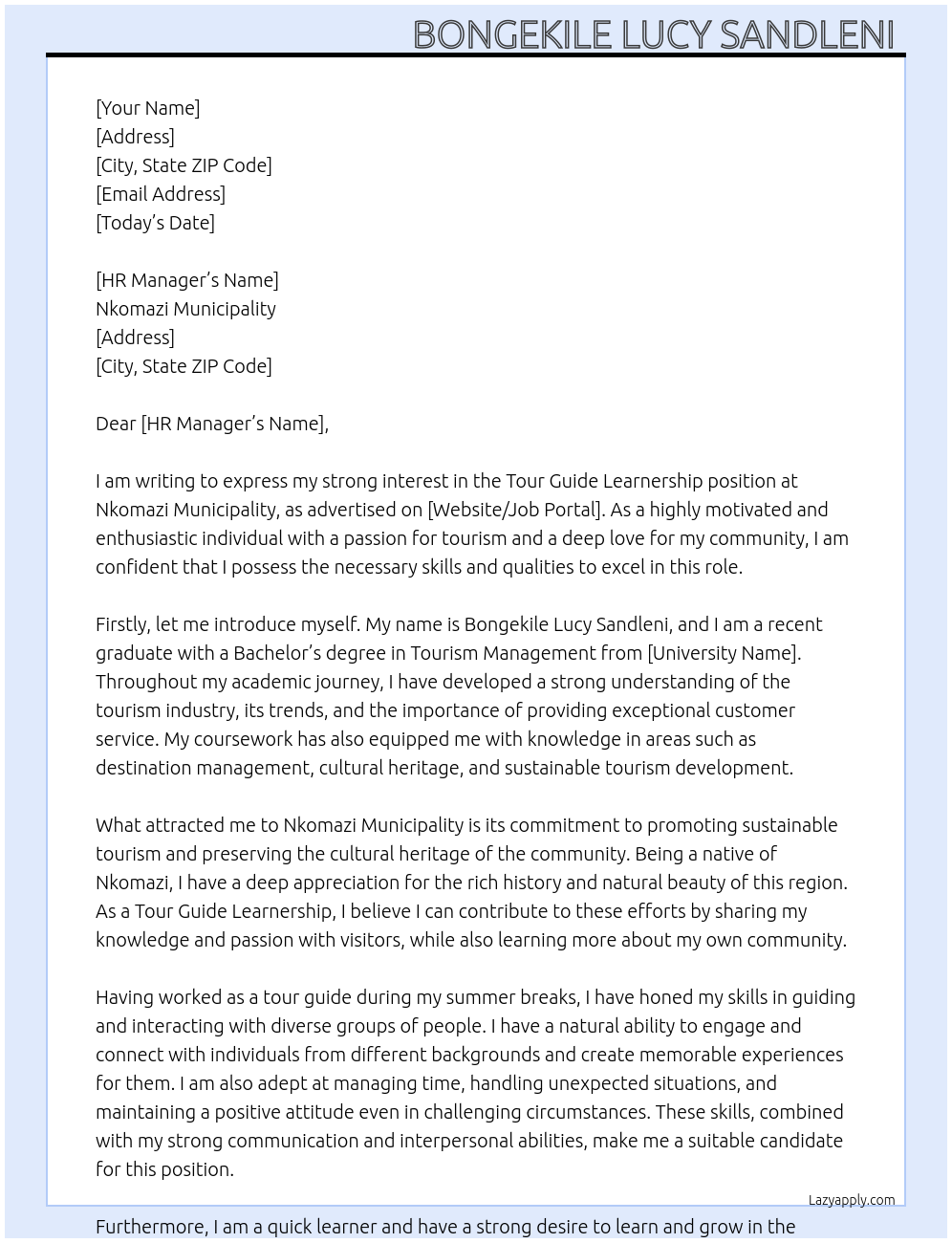 Tour guide Learnership  At Nkomazi municipality  Cover Letter