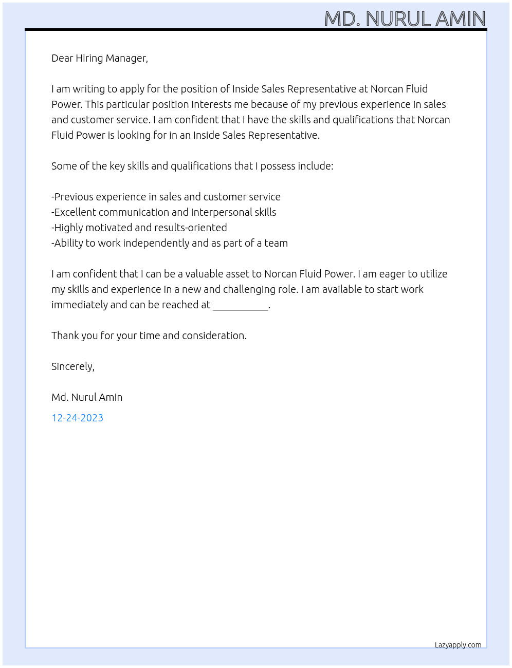 Inside Sales Representative At Norcan Fluid Power  Cover Letter