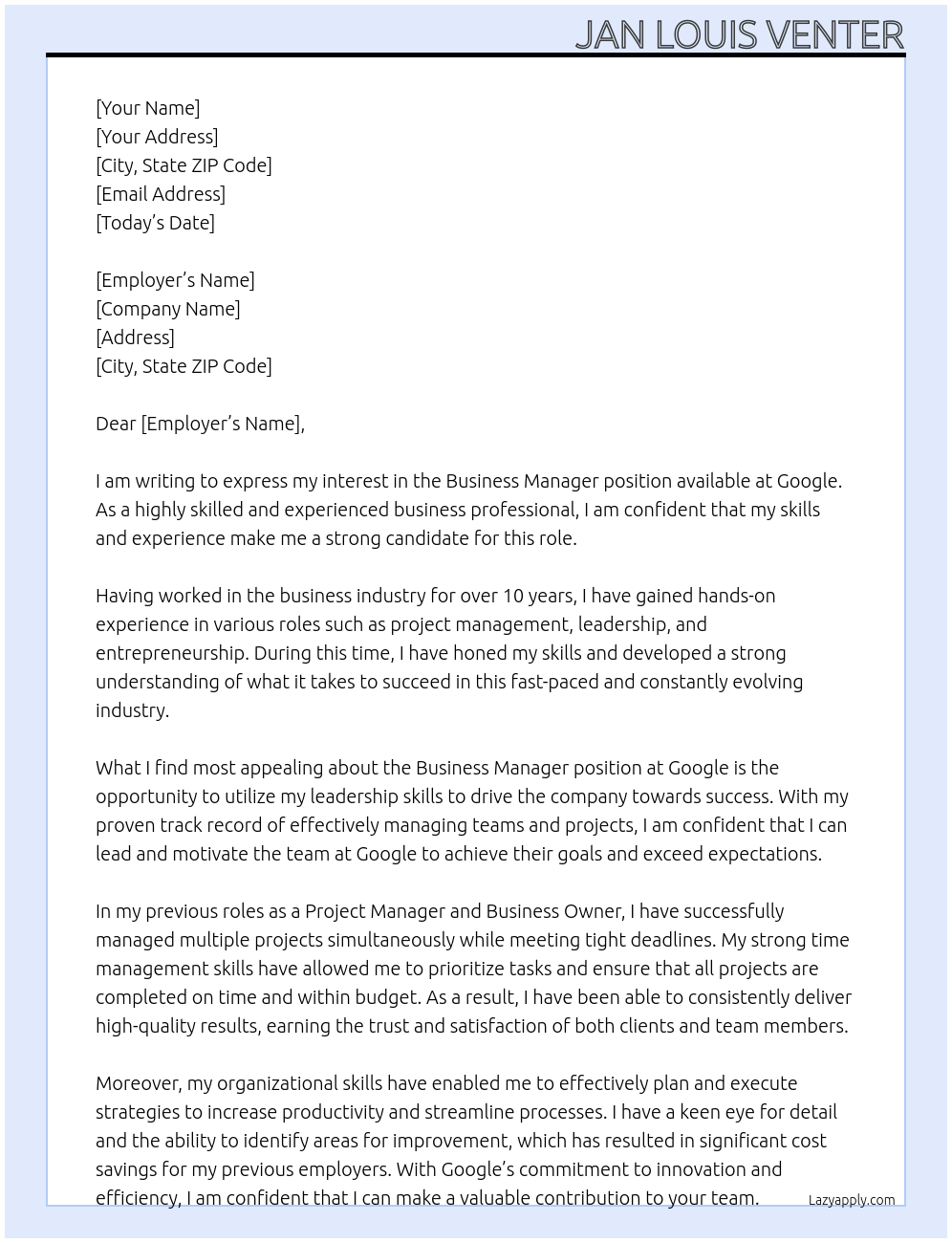 Business Manager At Google Cover Letter