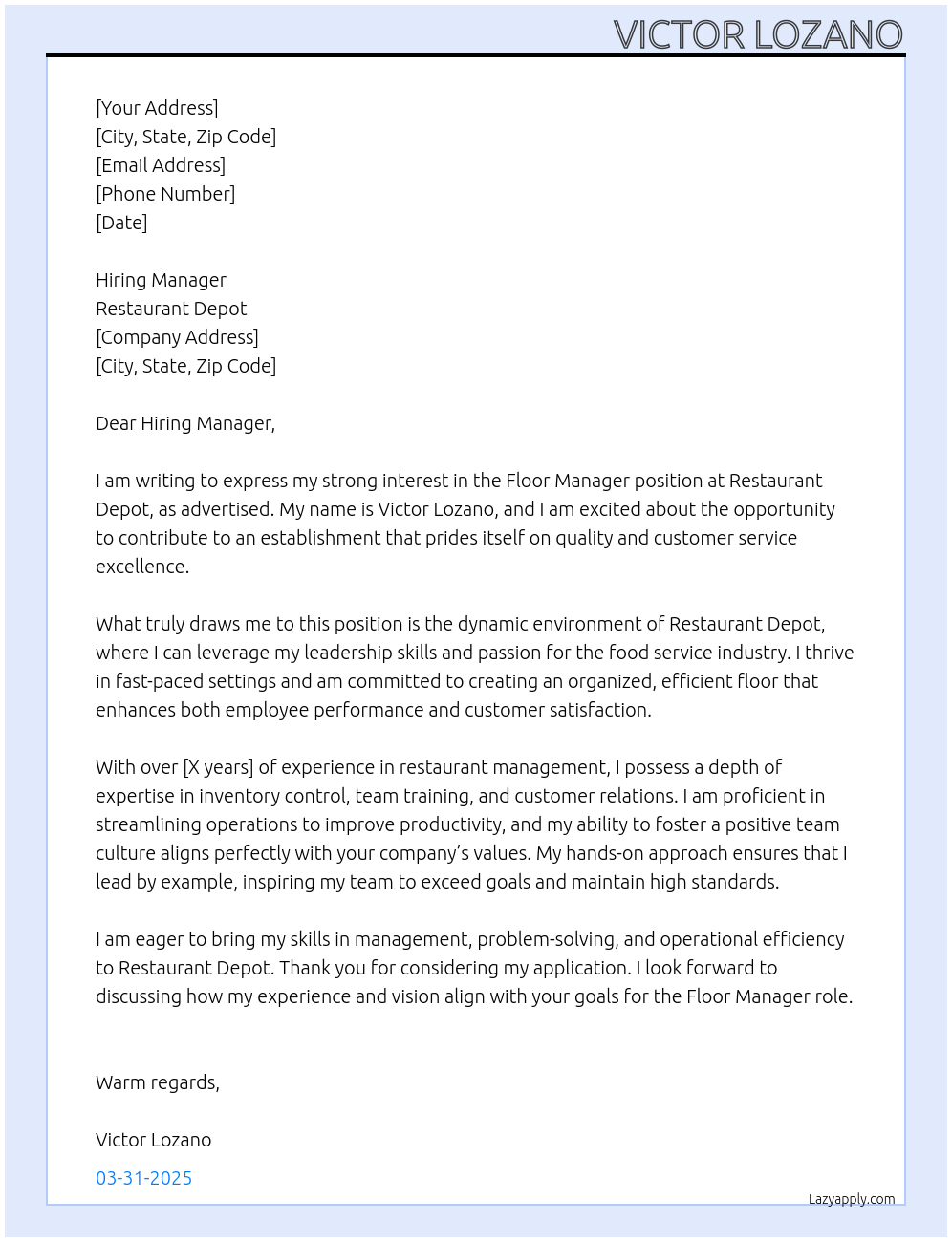 Floor manager At Resturant depot Cover Letter