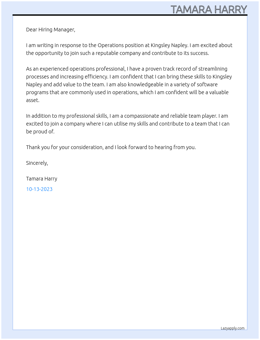 Operations At Kingsley Napley Cover Letter