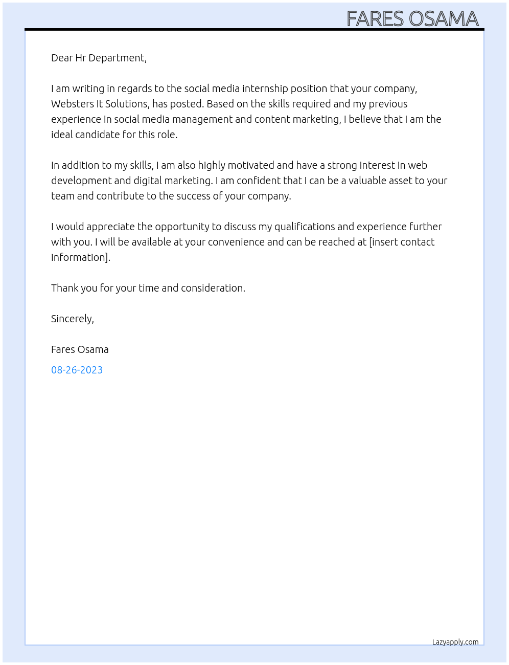 Social media internship At Websters It Solutions Cover Letter