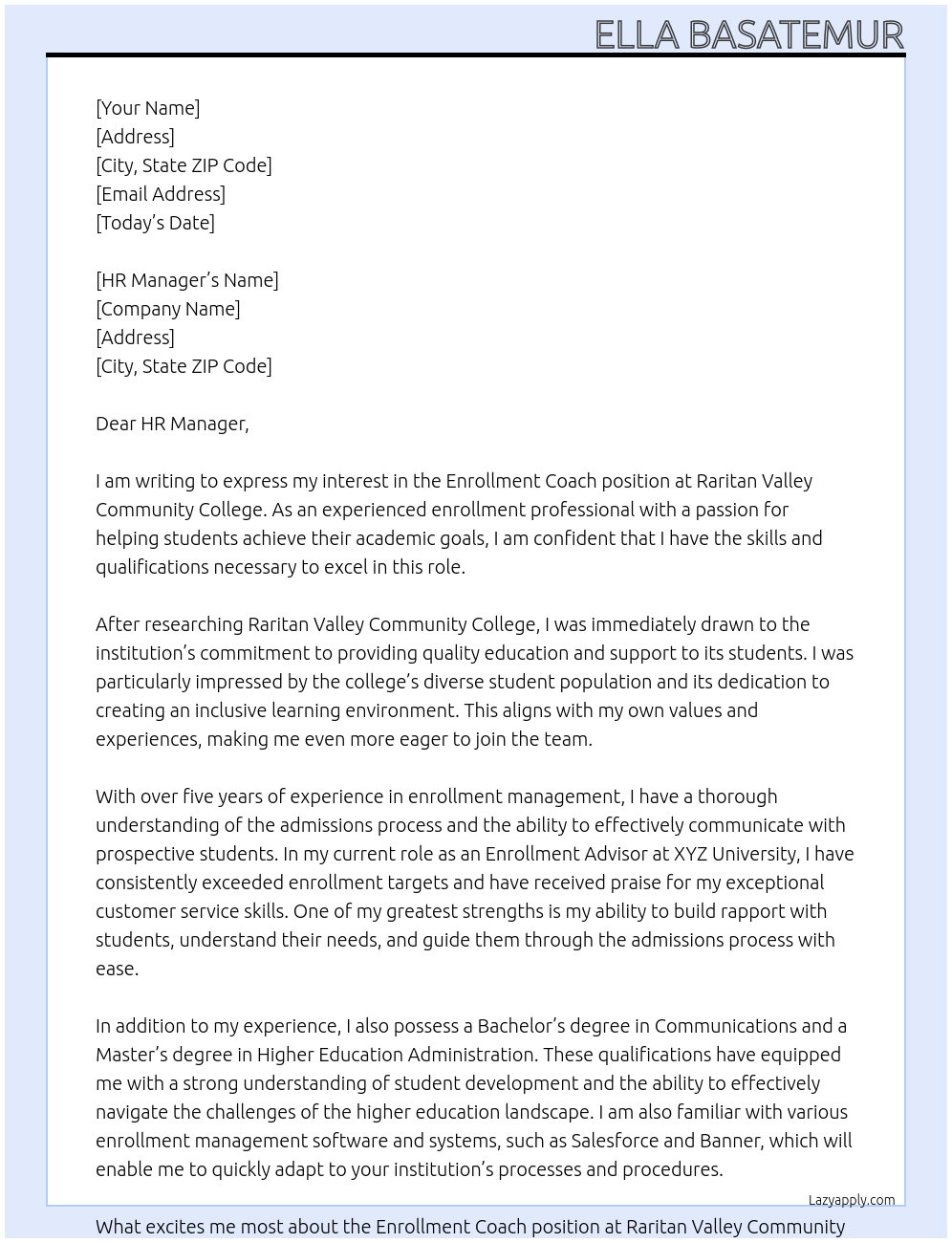 Enrollment Coach At Raritan Valley Community College Cover Letter