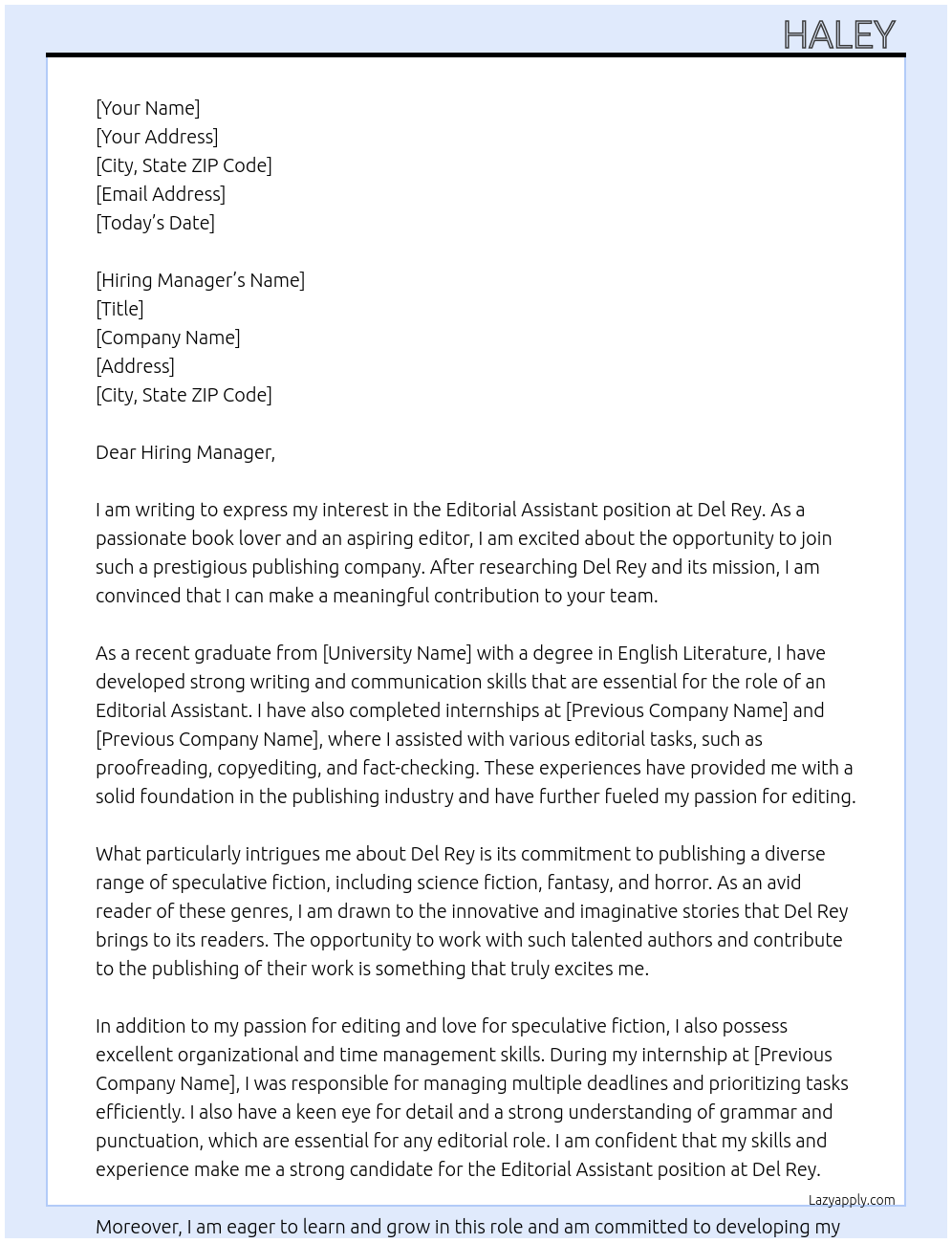 Editorial Assistant At Del Rey Cover Letter