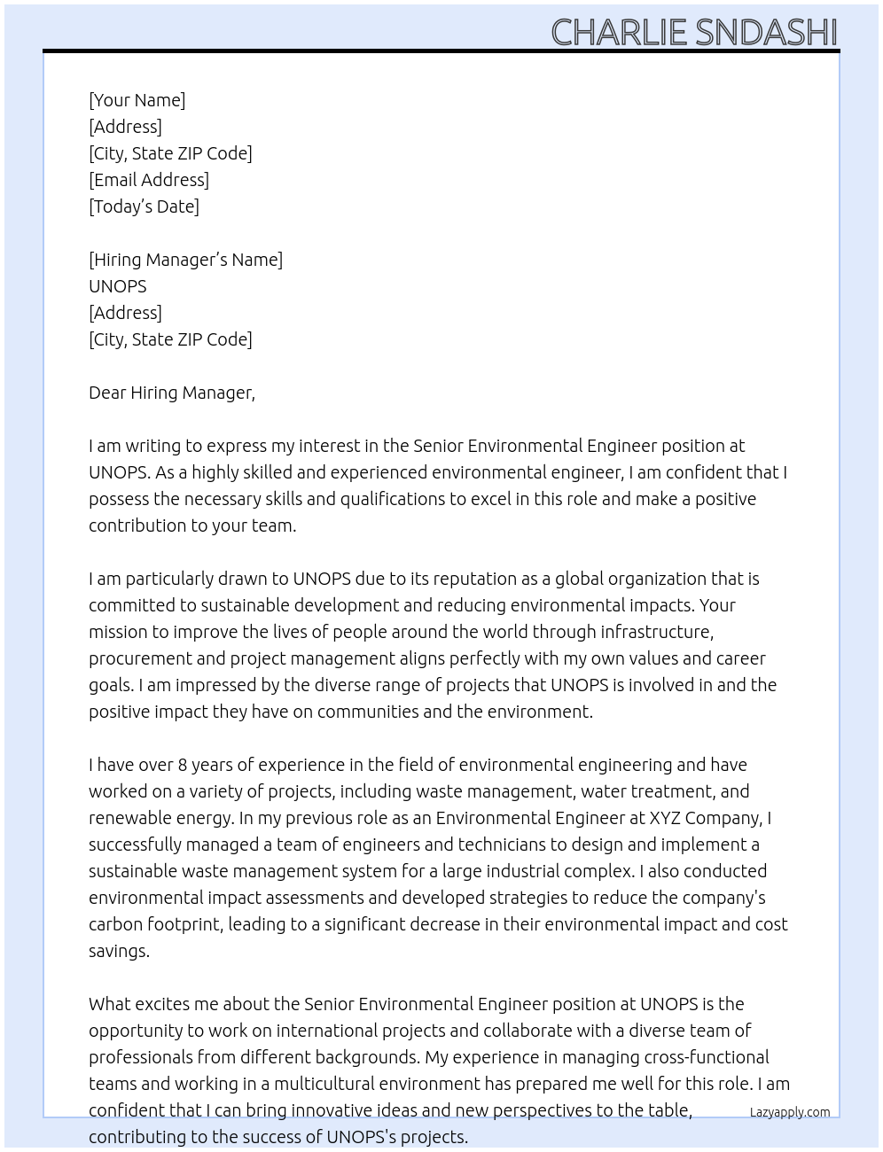 Senior Environmental Engineer At UNOPS Cover Letter