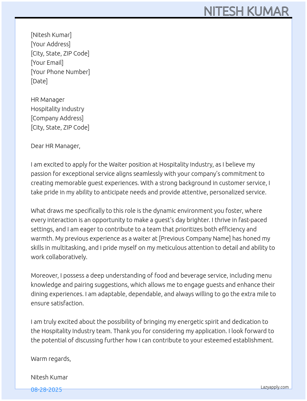 Waiter At Hospitality industry Cover Letter