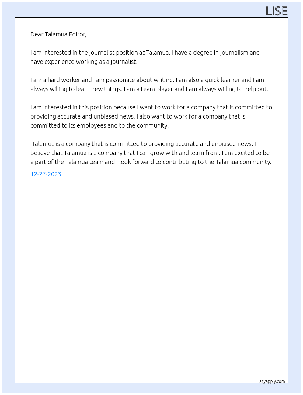 Journalist At Talamua Cover Letter