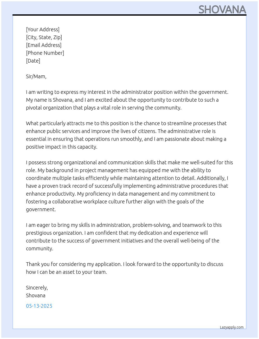 administrator At goverment Cover Letter