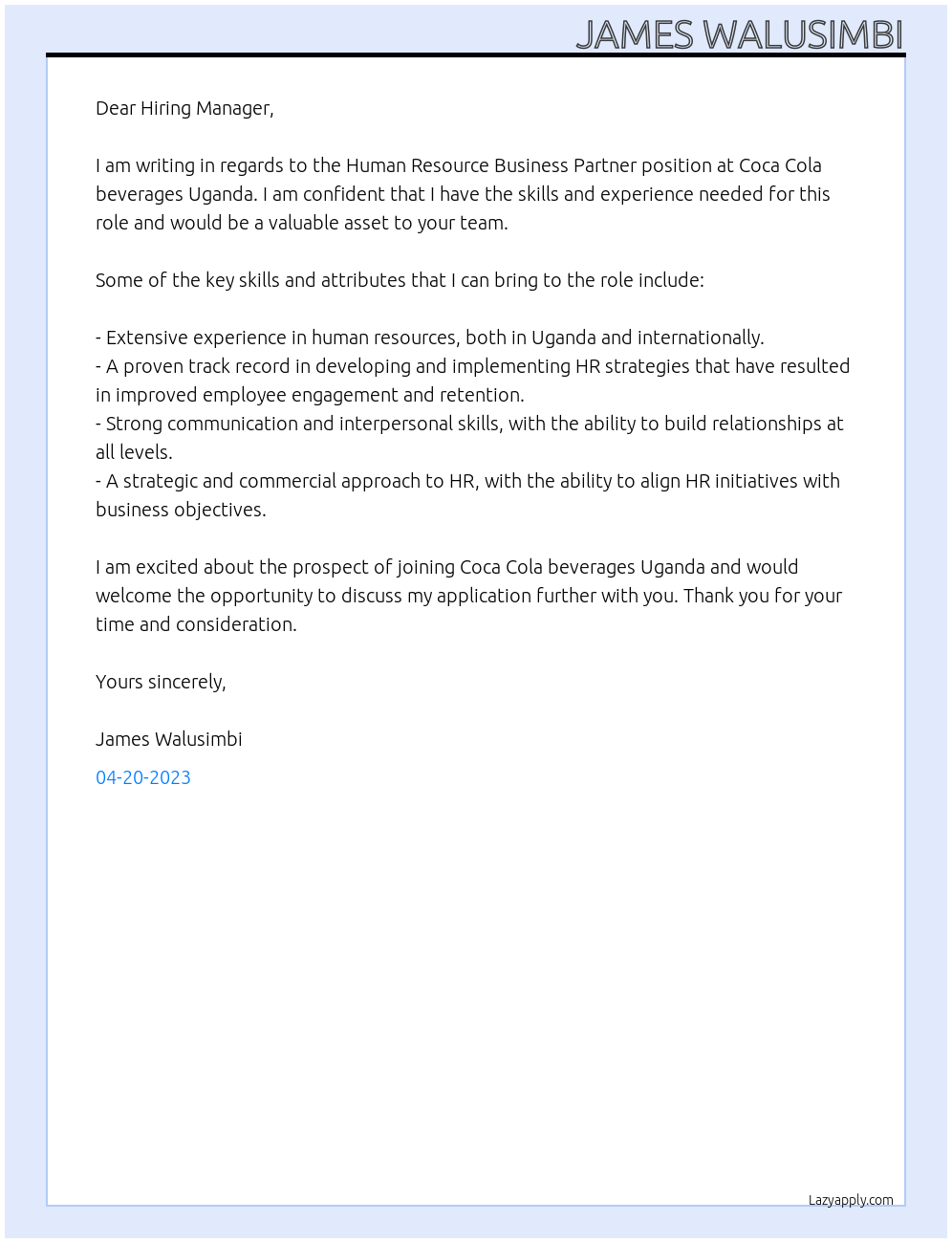 Human Resource Business Partner At Coca Cola beverages Uganda Cover Letter
