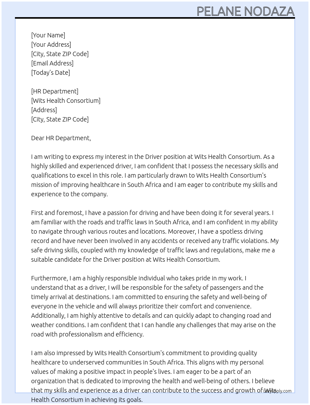 Driver Position At Wits Health Consortium Cover Letter