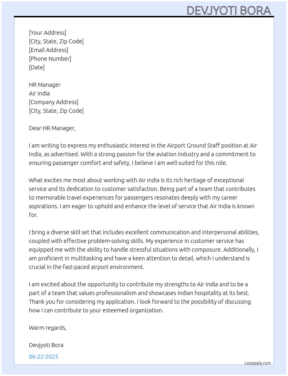 Airport Ground Staff At Air India Cover Letter