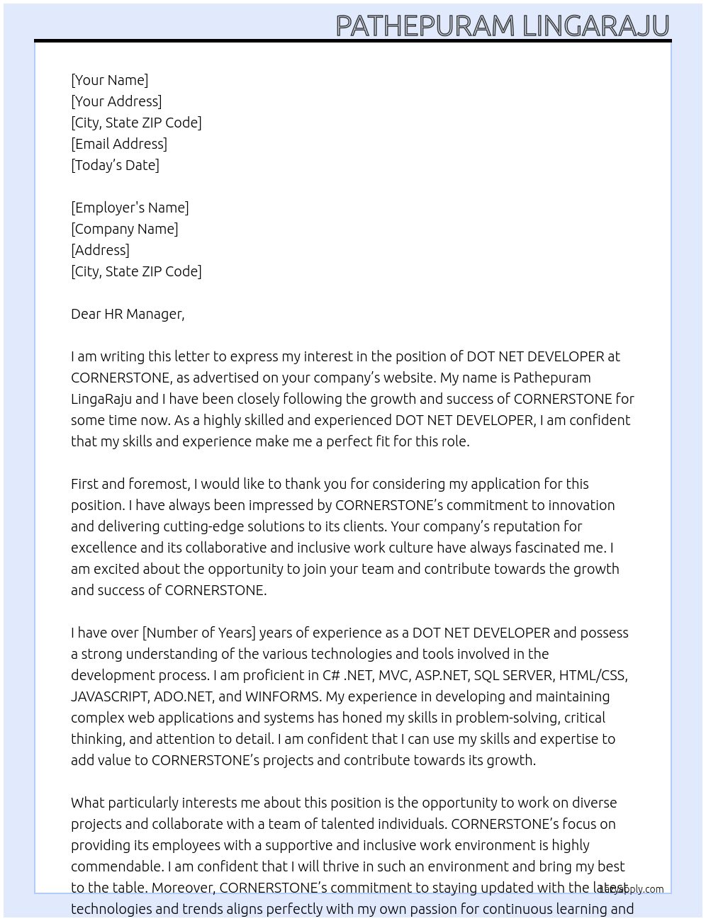 DOT NET DEVELOPER At CORNERSTONE Cover Letter