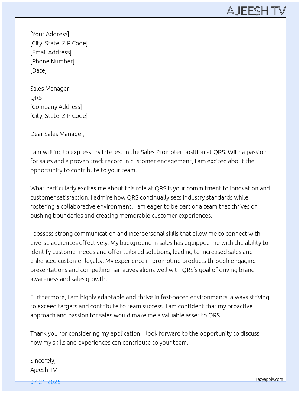 Cover letter for sales promoter - LazyApply