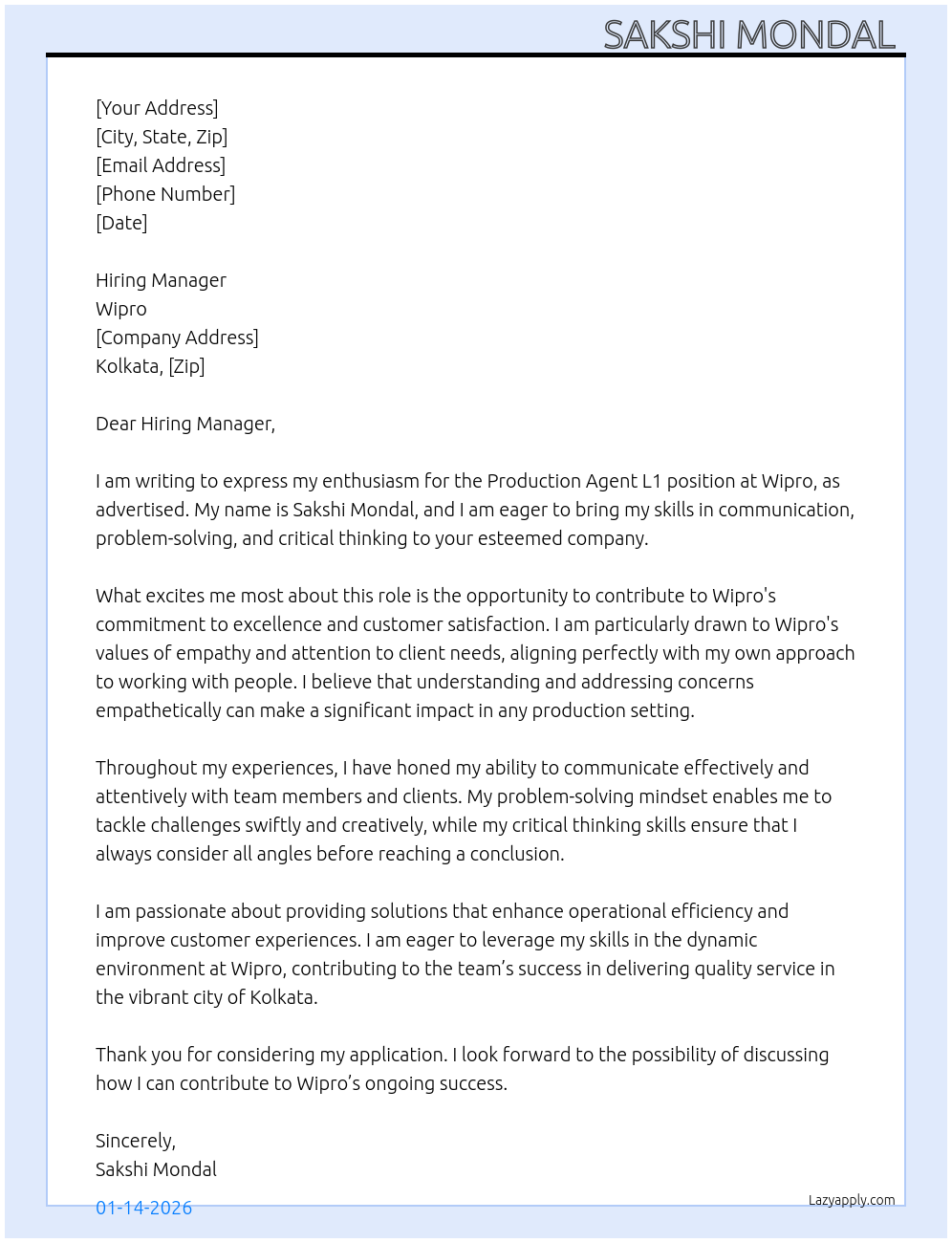 Production agent l1 At Wipro Cover Letter