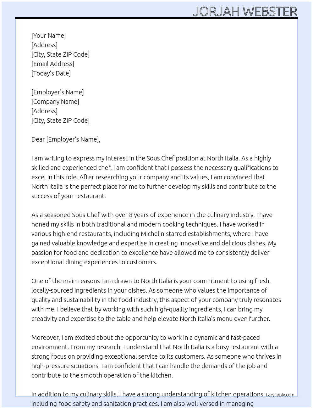 Sous Chef At North Italia Cover Letter