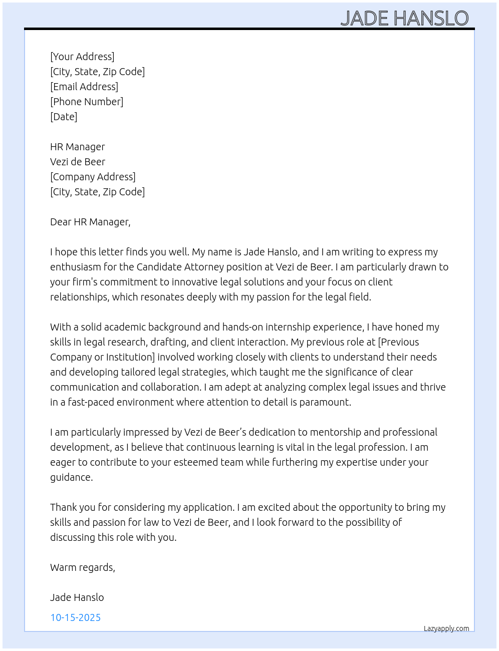 Candidate Attorney At Vezi de beer Cover Letter