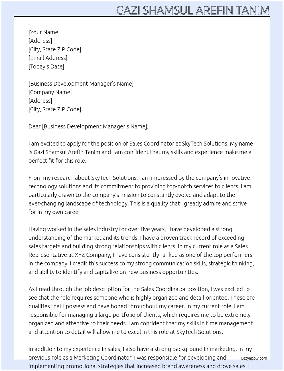 Sales Coordinator At SkyTech Solutions Cover Letter