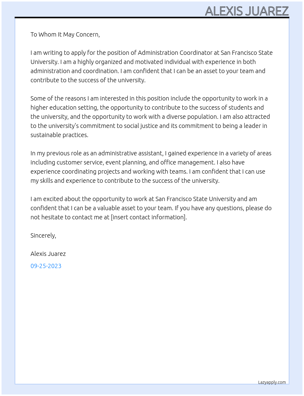 Administration Coordinator At San Francisco State University Cover Letter