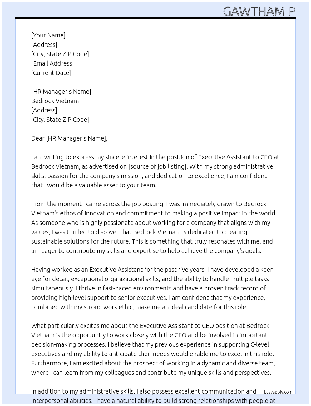 Executive Assistant to CEO At Bedrock Vietnam  Cover Letter