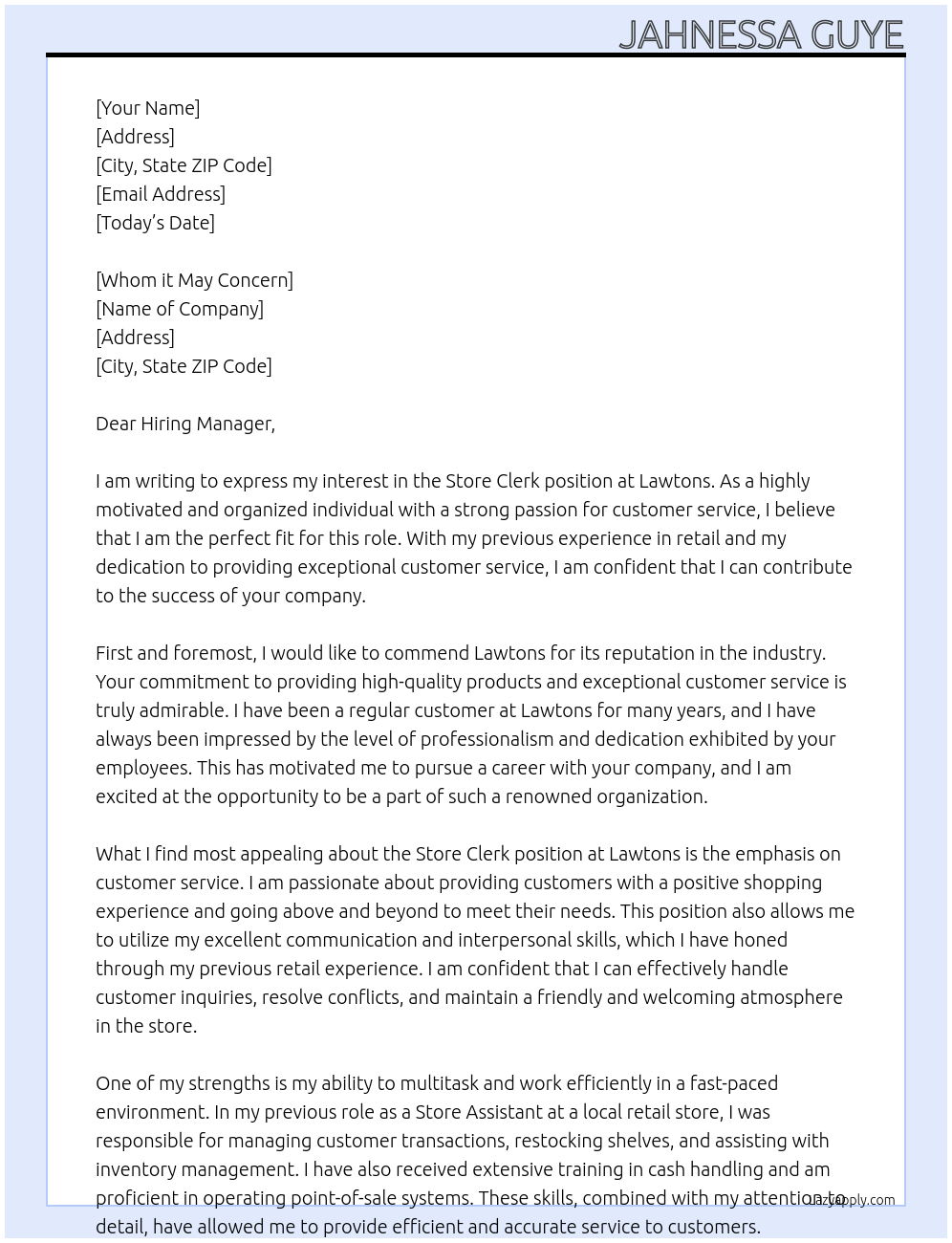 Store Clerk At Lawtons Cover Letter