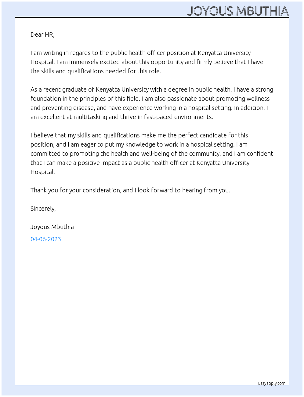 public health officer At Kenyatta University Hospital Cover Letter