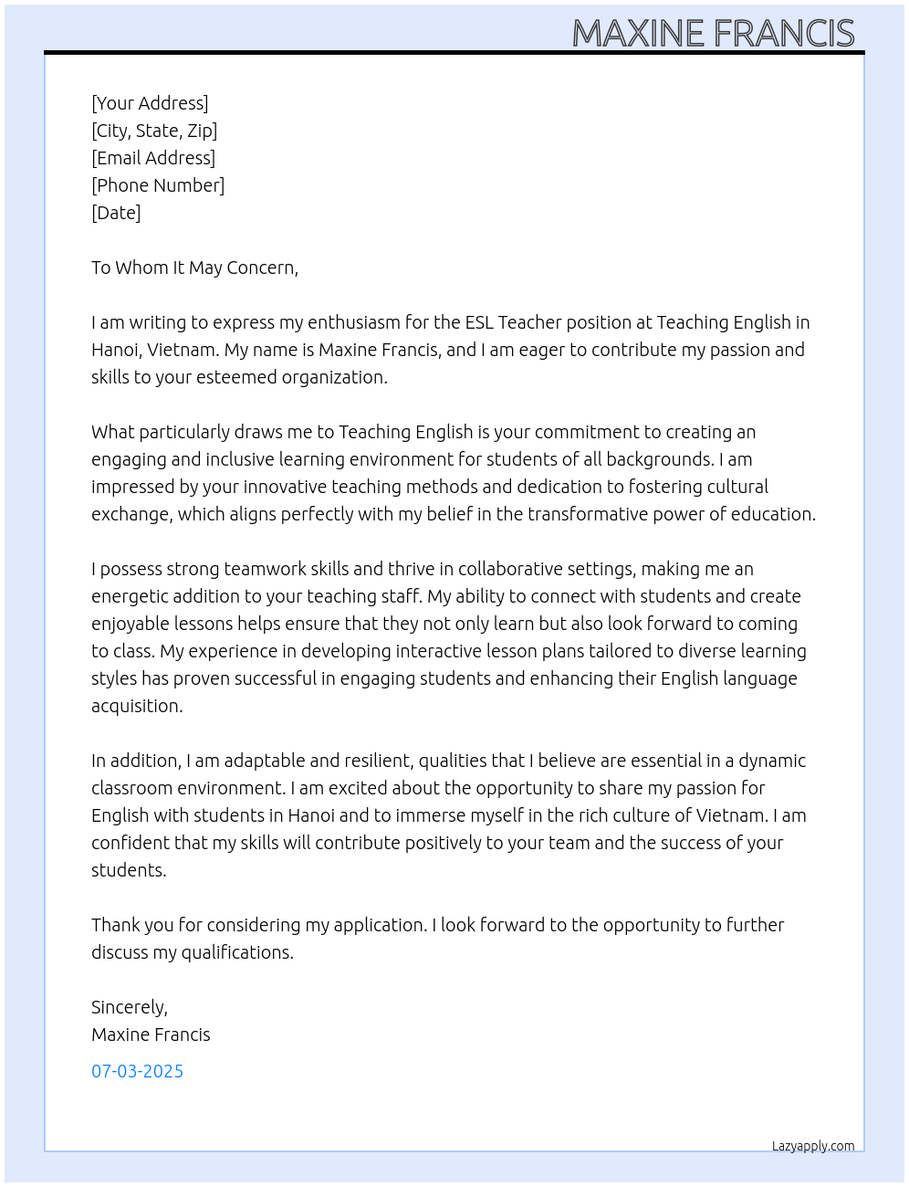 Cover letter for esl teacher - LazyApply