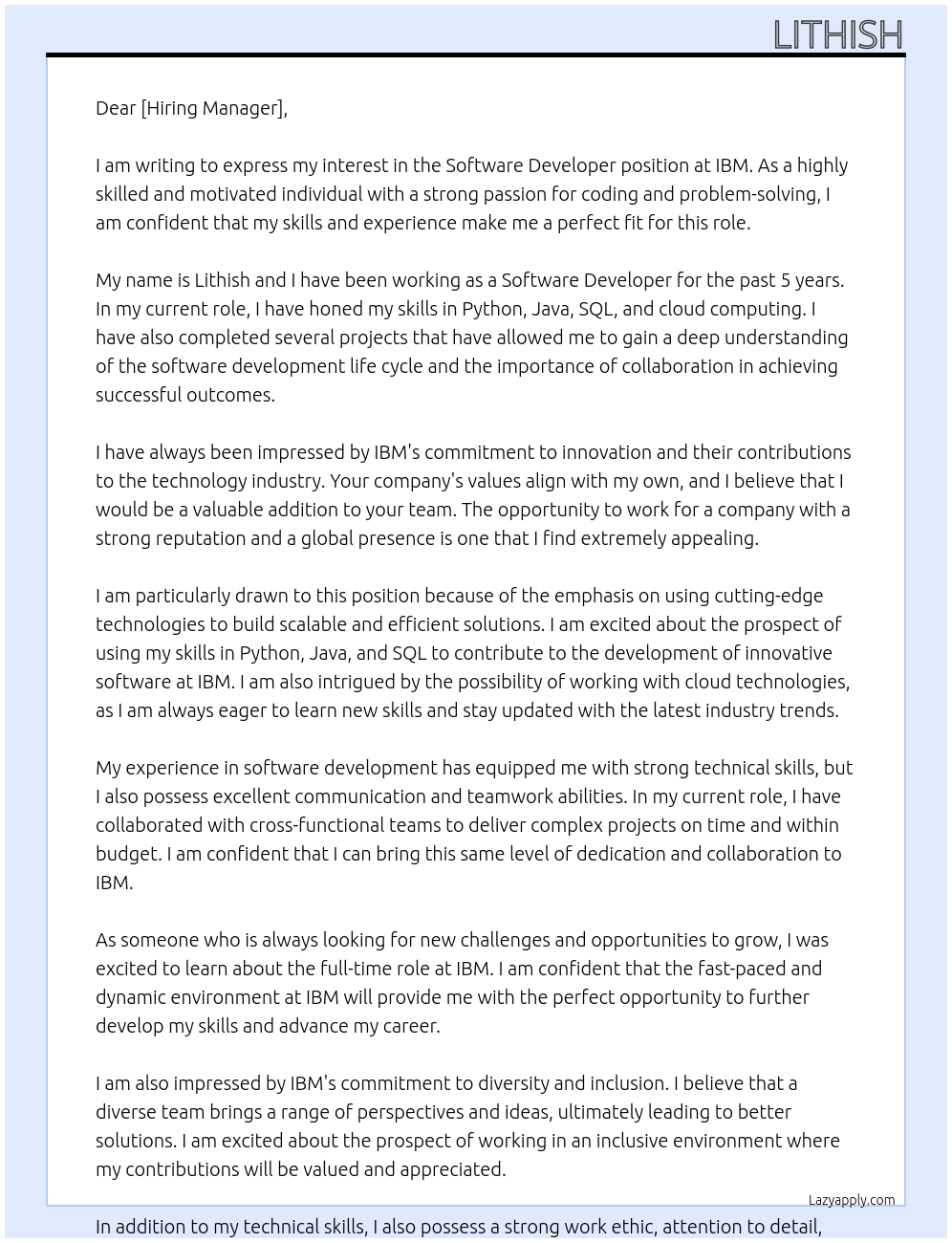 software develpoer At ibm Cover Letter