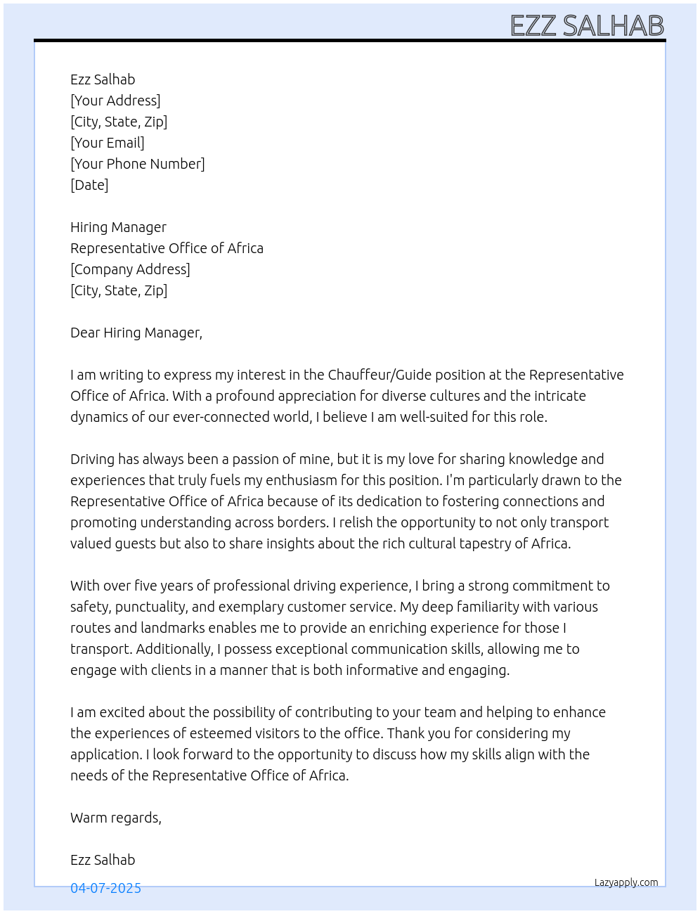 Cover letter for chauffeur gured - LazyApply