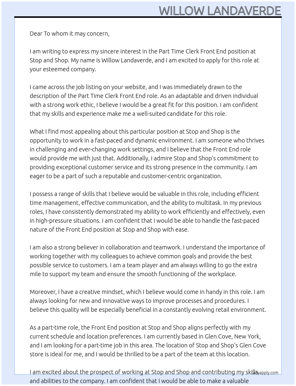 Part Time Clerk Front End At Stop and Shop Cover Letter