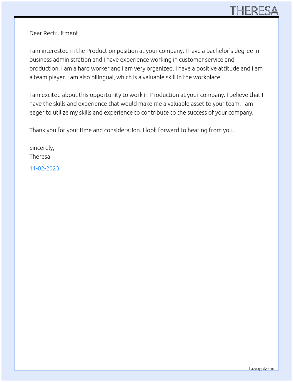 Production  At To be advised Cover Letter