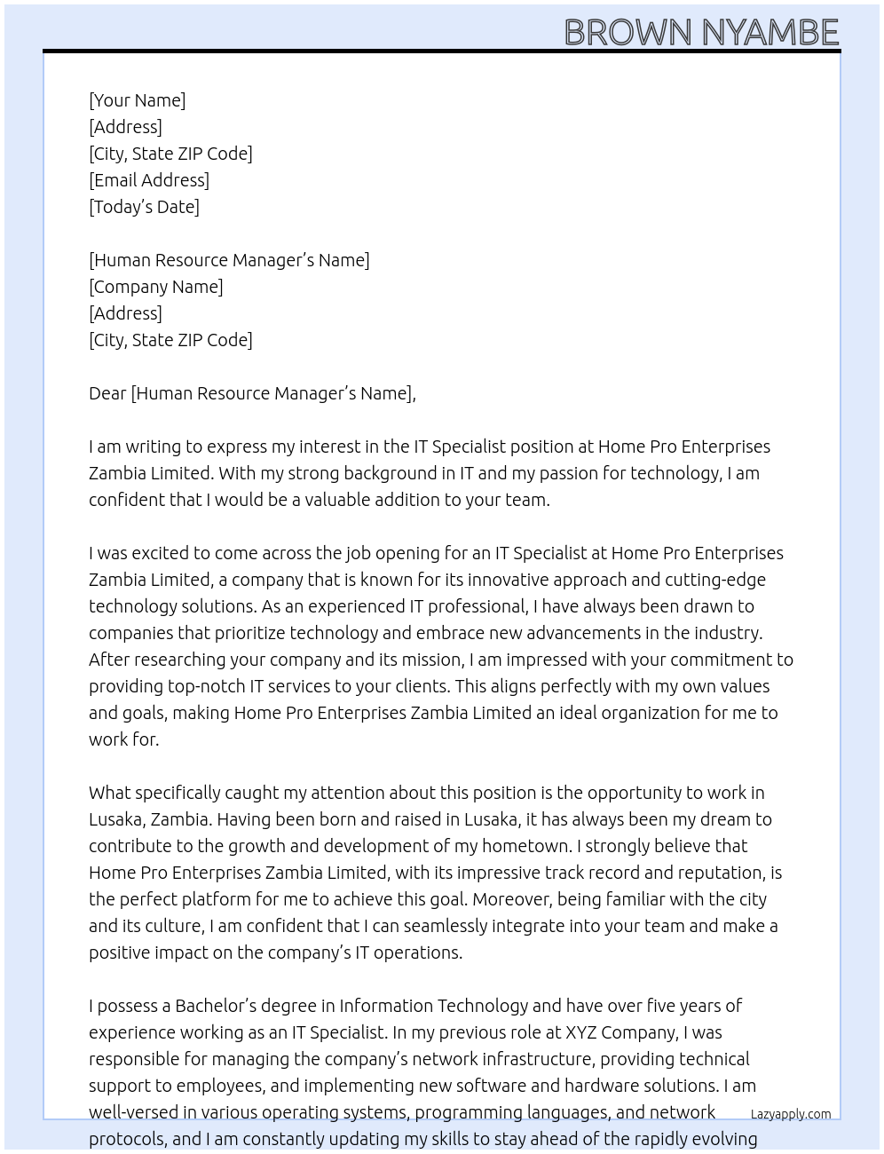 IT Specialist At Home Pro Enterprises zambia Limited Cover Letter