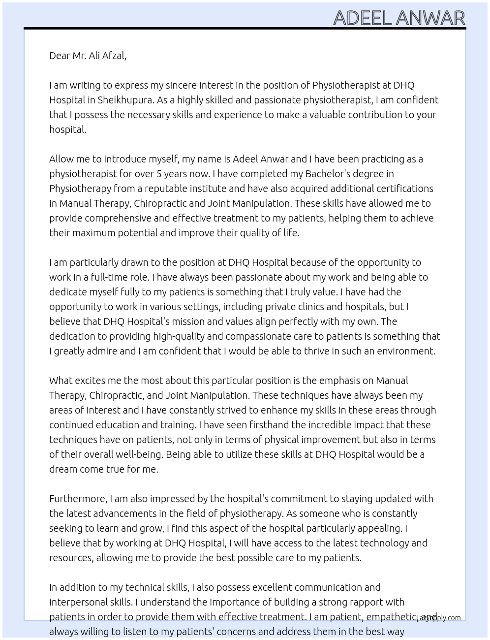 Physiotherapist At DHQ Hospital, Sheikhupura Cover Letter