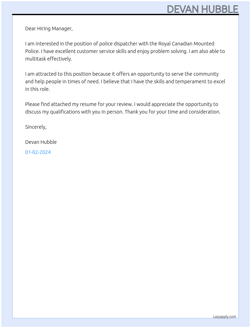 POLICE DISPATCHER  At Royal Canadian Mounted Police Cover Letter