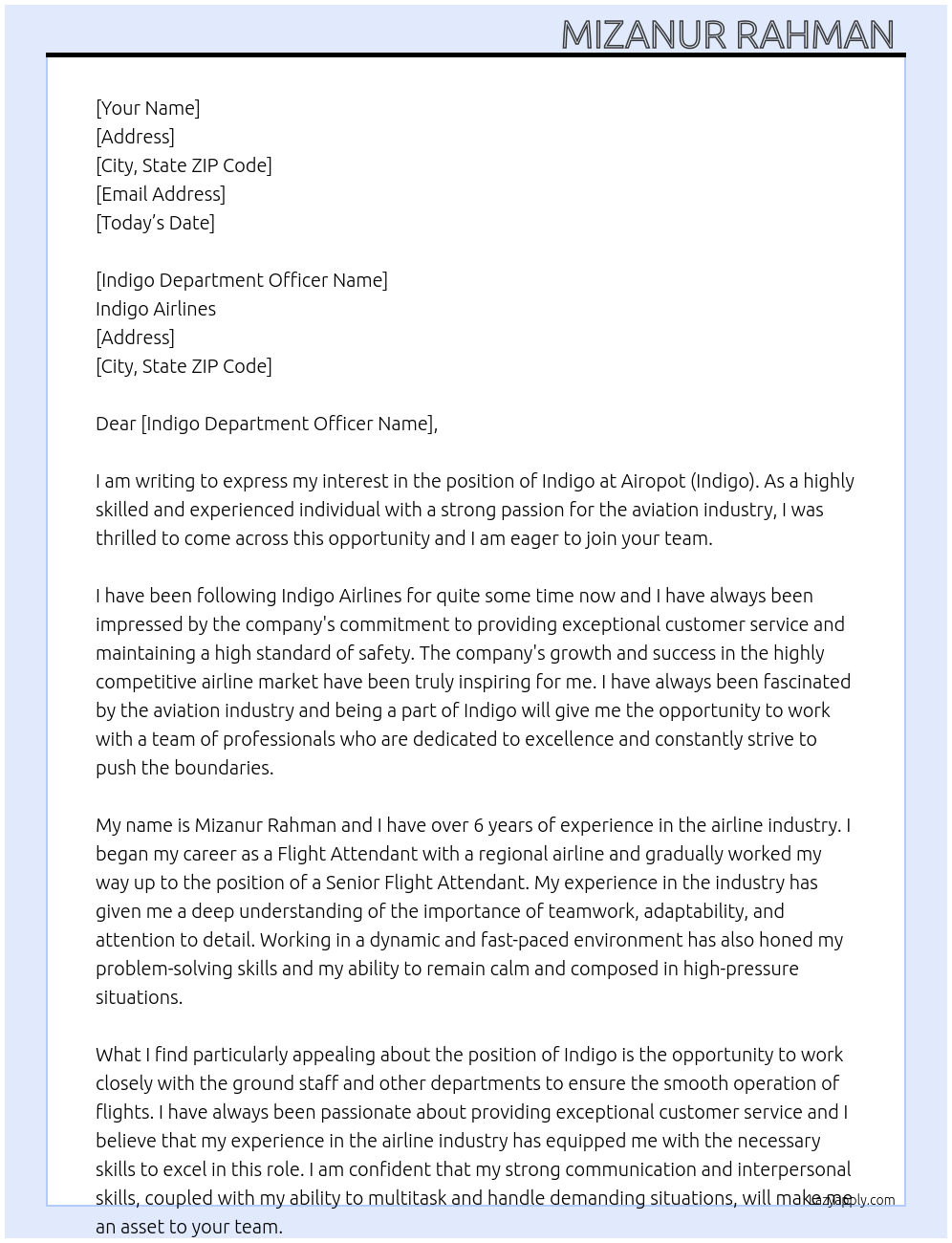 Indigo At Airopot (Indigo) Cover Letter