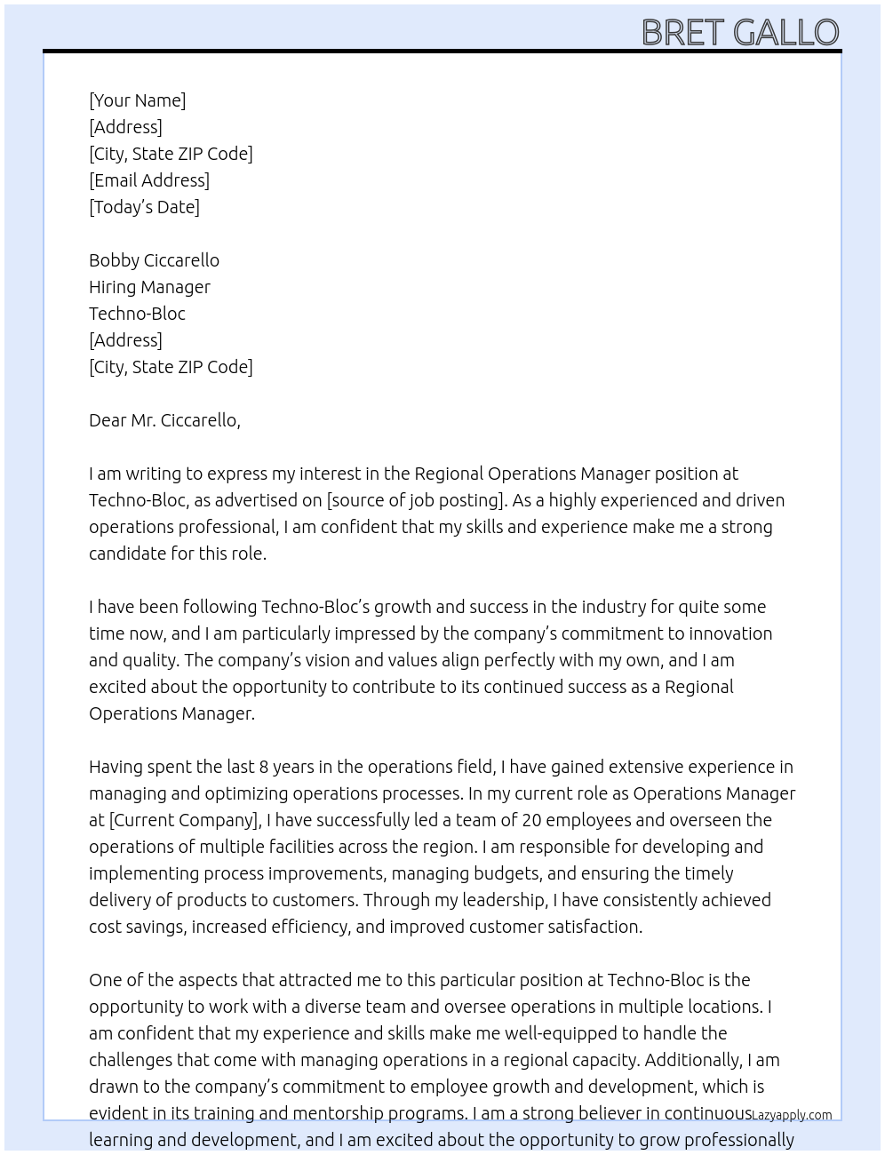 Regional operations manager At Techno-Bloc Cover Letter