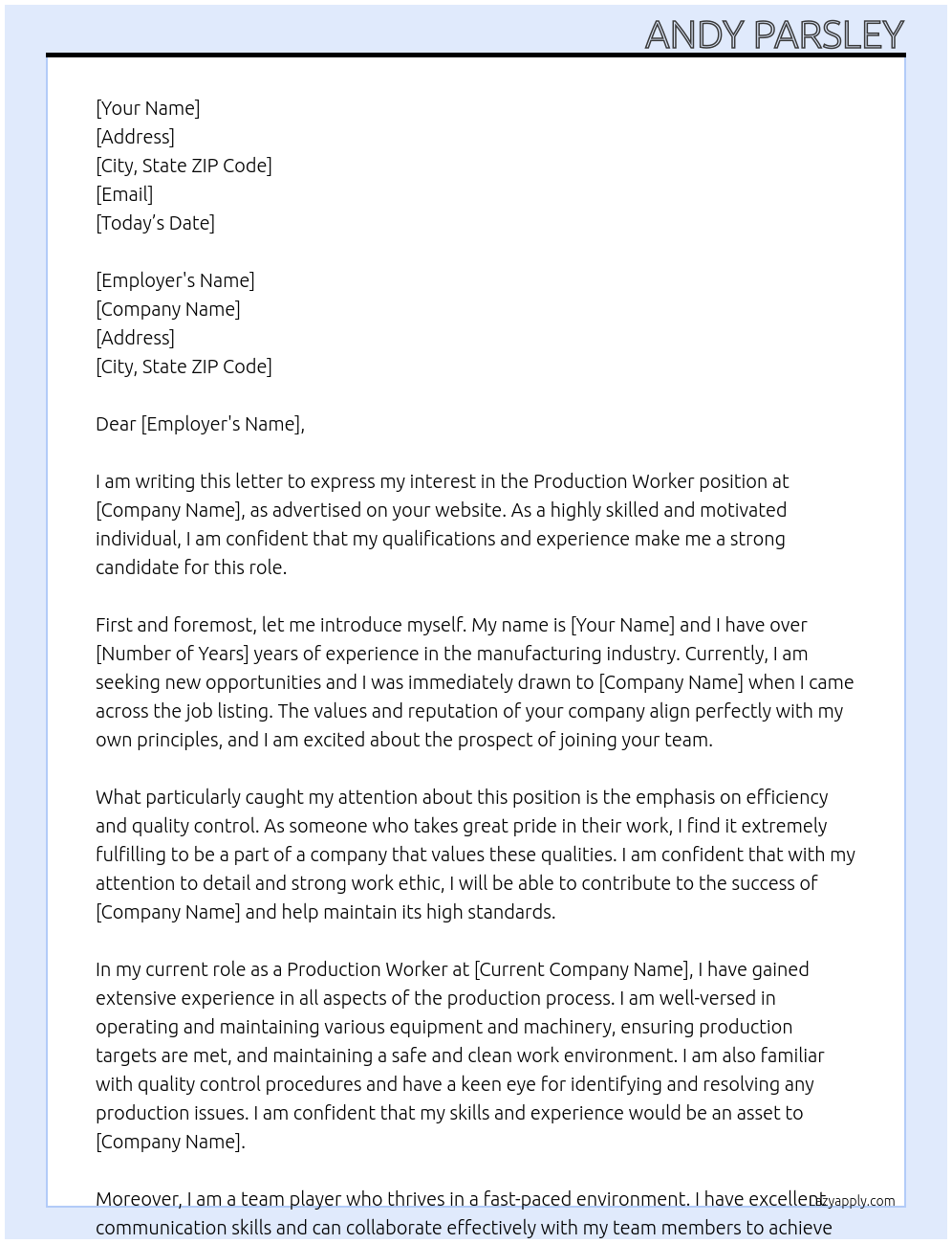 production worker At pride Cover Letter