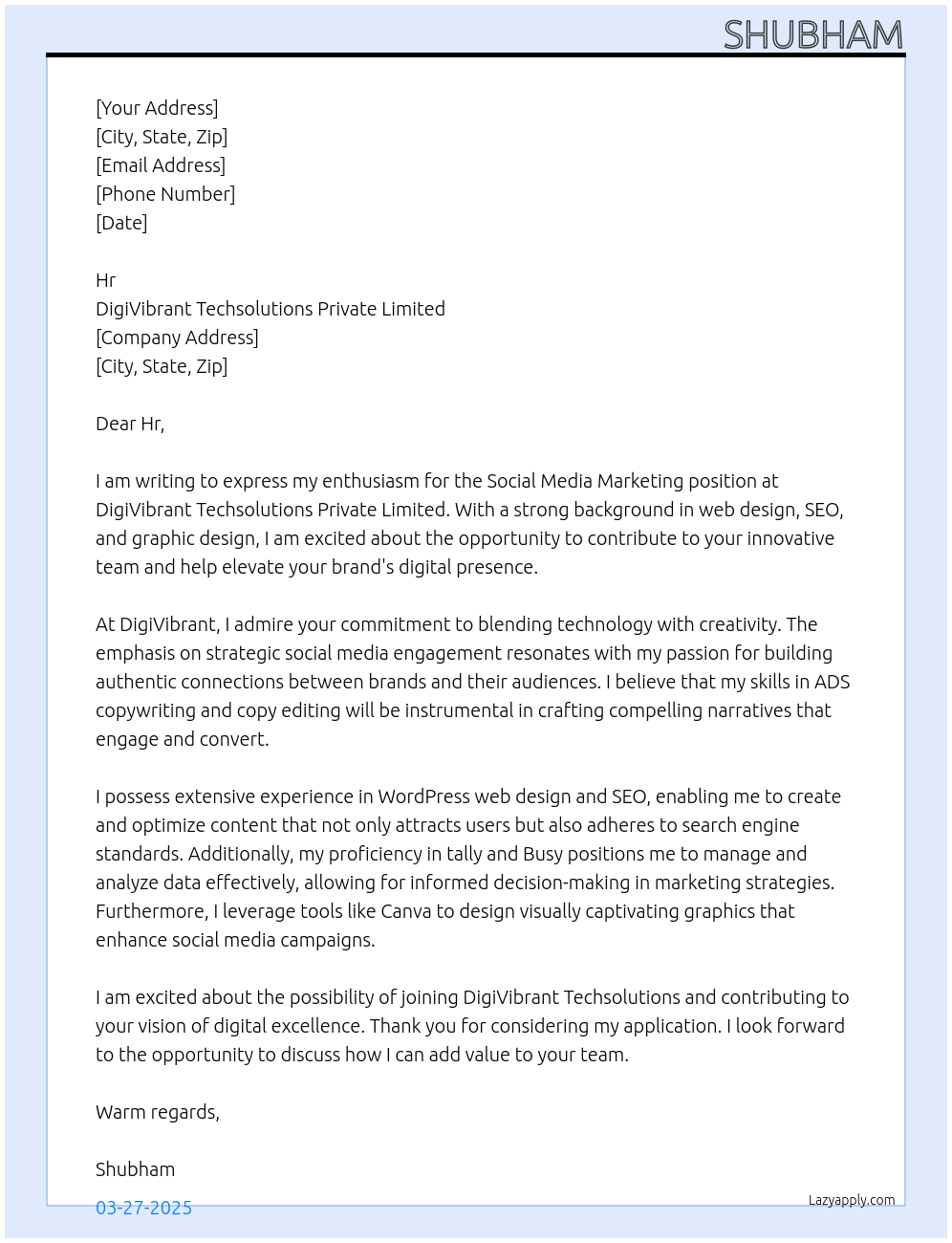 Social Media Marketing At DigiVibrant Techsolutions Private Limited Cover Letter