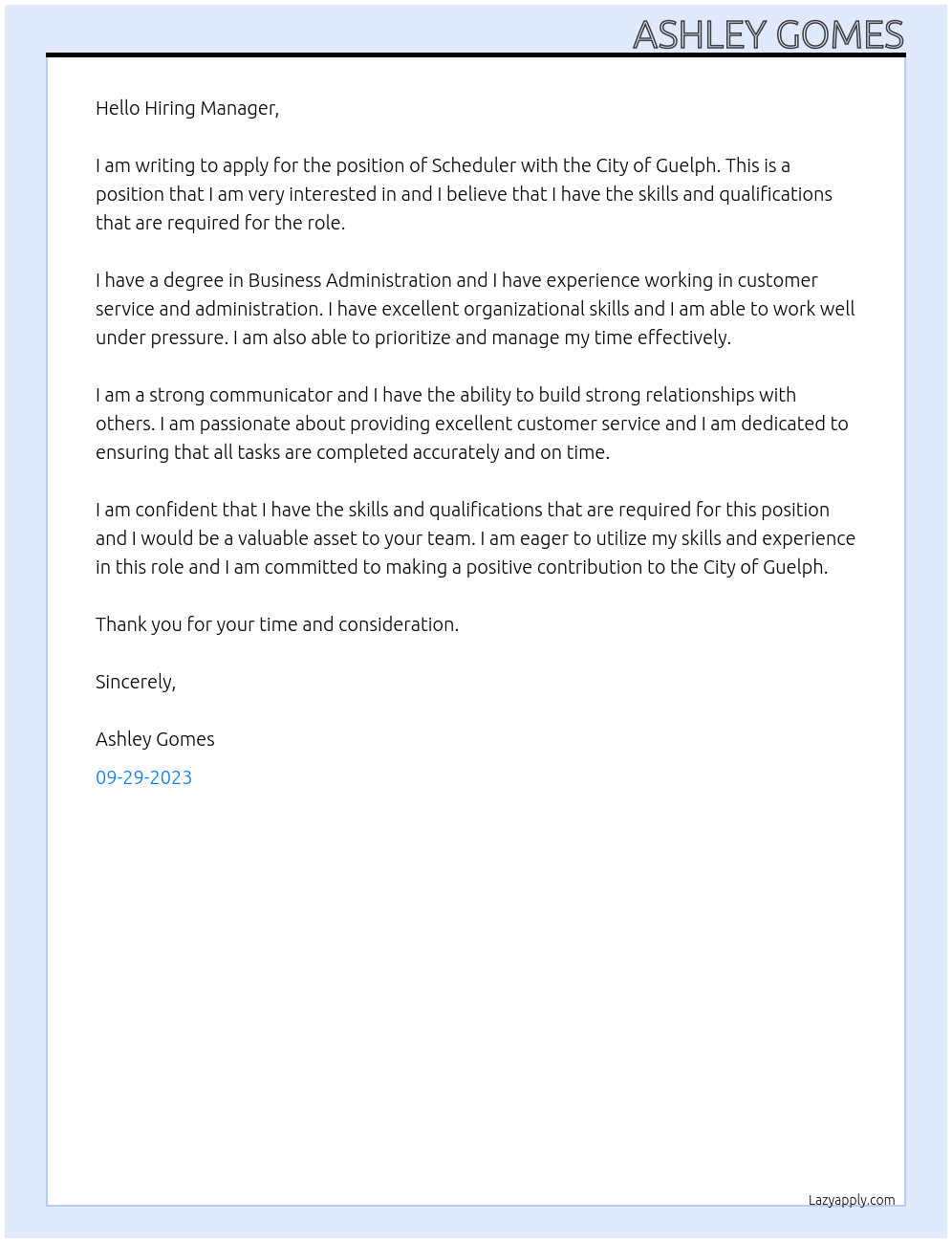 Scheduler At City of Guelph Cover Letter