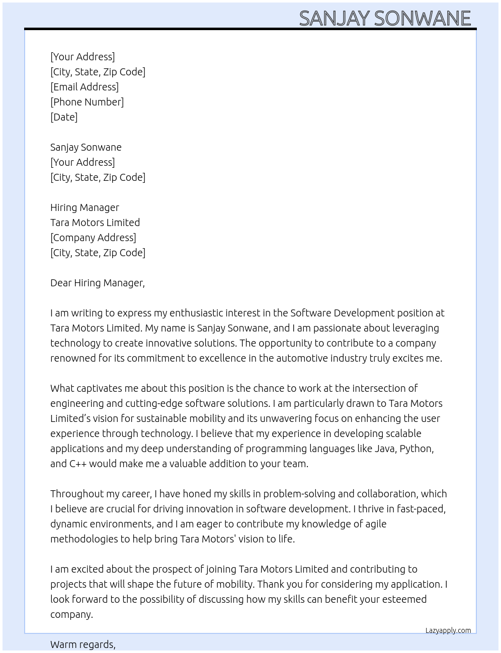 Software development At Tara motors limited Cover Letter