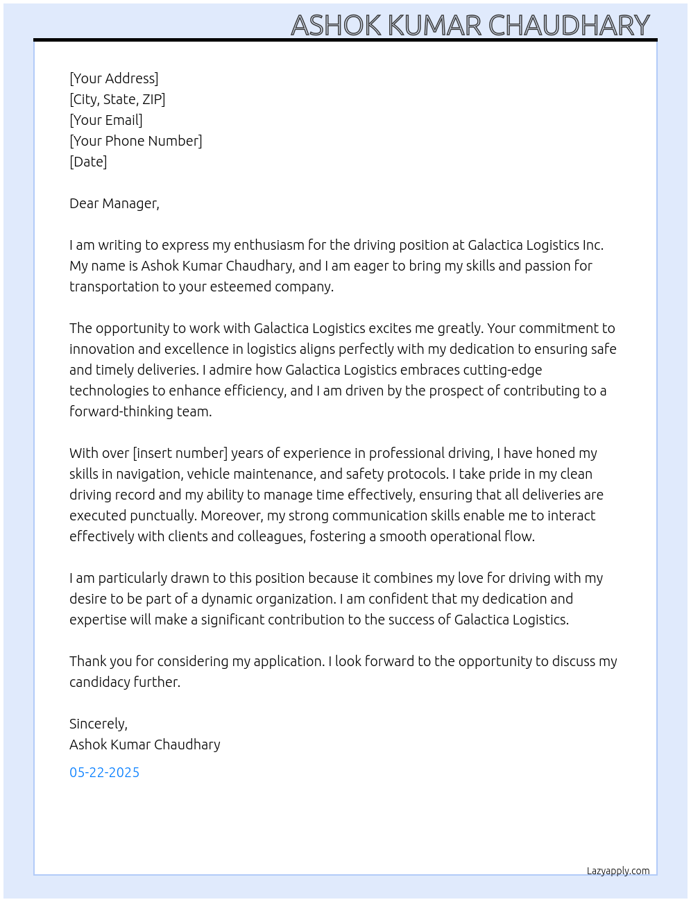 Driving At Galactica logistics inc Cover Letter